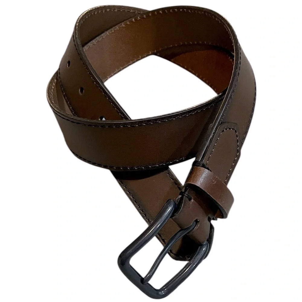 WALMART MENS FULL GRAIN LEATHER BELT DARK BROWN GUN METAL FINISH BUCKLE SIZE 32